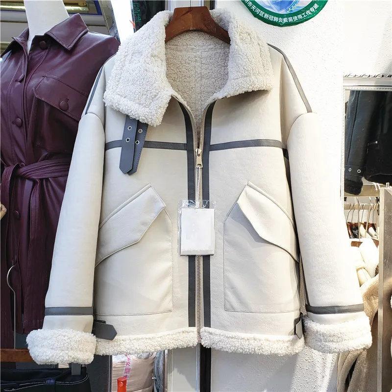 

Винтажное Женское пальто из искусственной кожи с искусственным мехом ягненка, Осень-зима 2021, Женская мотоциклетная куртка с длинным рукаво...