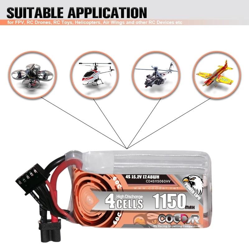 CODDAR 1150mAh 4S 15.2V 60C LiHV Lipo Battery With XT30 / XT60 Plug For Bate Racing FPV Drone RC Quadcopter Helicopter Parts
CODDAR 1150mAh 4S 15.2V 60C LiHV Lipo Battery With XT30 / XT60 Plug For Bate Racing FPV Drone RC Quadcopter Helicopter Parts