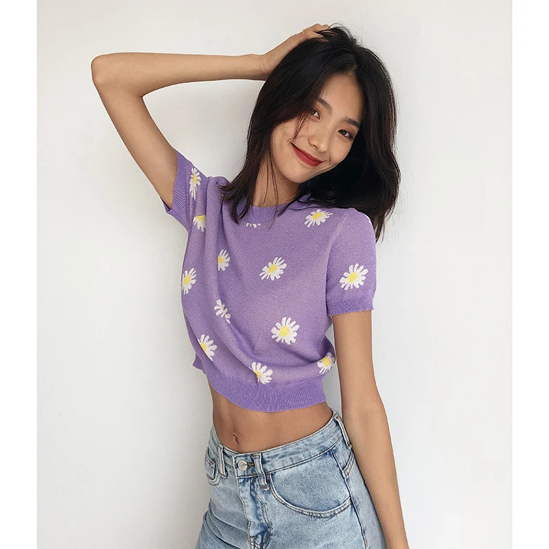 Летняя суперкороткая Модная трикотажная футболка с коротким рукавом с высокой талией, открытым пупком и маргаритками, сексуальная Нижняя р... 
Летняя суперкороткая Модная трикотажная футболка с коротким рукавом с высокой талией, открытым пупком и маргаритками, сексуальная Нижняя р...