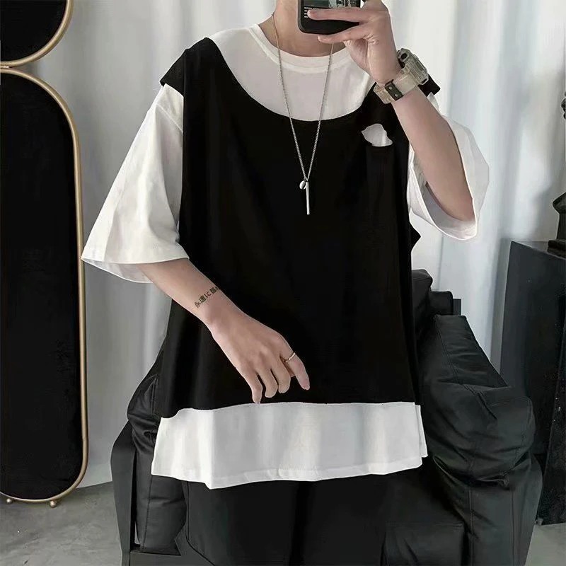Summer Short Sleeve Men Tshirt Spliced Hit Color Ripped Hole Fashion Loose O Neck Korean Style Clothes Oversized Punk Streetwear
Summer Short Sleeve Men Tshirt Spliced Hit Color Ripped Hole Fashion Loose O Neck Korean Style Clothes Oversized Punk Streetwear