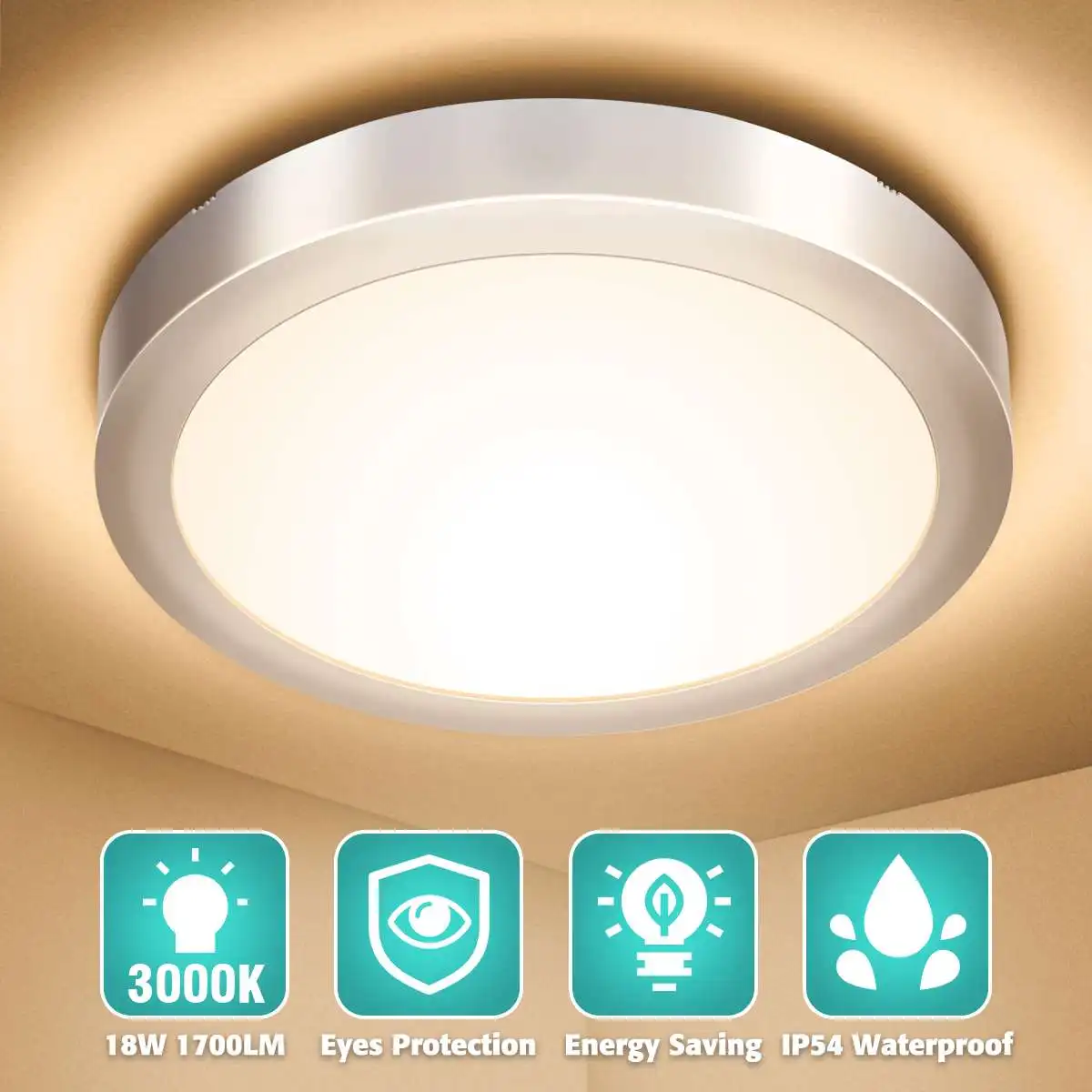 3000K Color Temperature Electroplating Ceiling light 18W Flat Round 1700LM 23CM Equivalent 120W Incandescent IP54 Ceiling Lamp
3000K Color Temperature Electroplating Ceiling light 18W Flat Round 1700LM 23CM Equivalent 120W Incandescent IP54 Ceiling Lamp