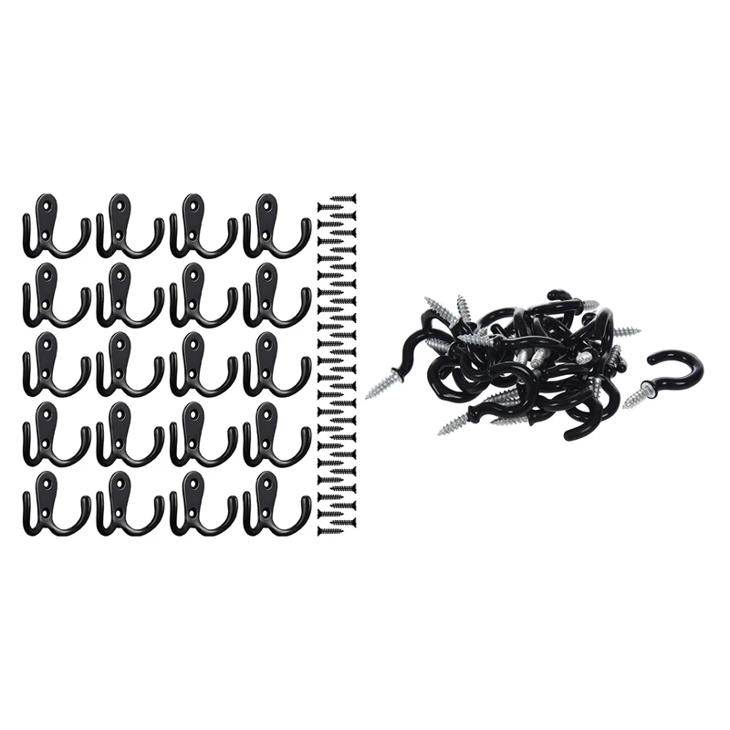 

25 Pcs Cup Mug Hooks Shouldered Metal Screw-In Plastic Coated Hanging Black & 20 Pcs Double Prong Robe Hooks