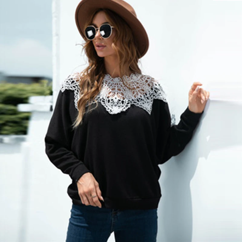 Female Black Lace Pullover Hollow Sexy Stitching Top Fashion All-match Ladies Casual Loose T-shirt Harajuku Streetwear Autumn
Female Black Lace Pullover Hollow Sexy Stitching Top Fashion All-match Ladies Casual Loose T-shirt Harajuku Streetwear Autumn