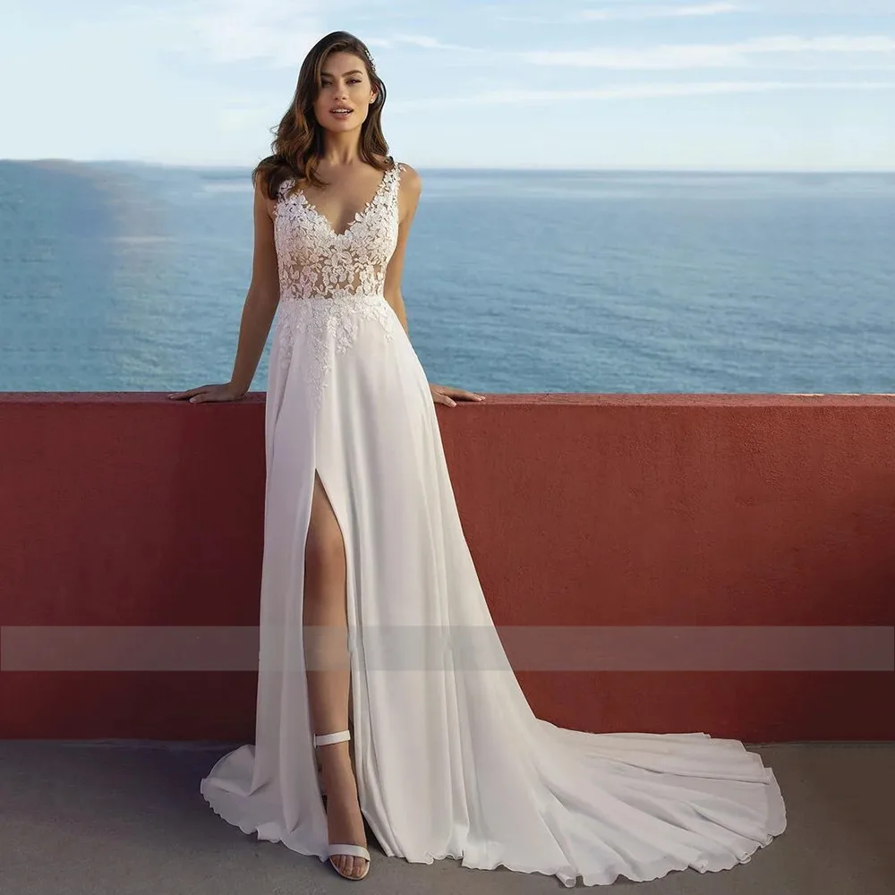 High Slit Beach V-Neck Wedding Dress Boho White Lace Appliques Chiffon Bride Gowns Button Back A-Line Long Vestido De Novia 2021
High Slit Beach V-Neck Wedding Dress Boho White Lace Appliques Chiffon Bride Gowns Button Back A-Line Long Vestido De Novia 2021