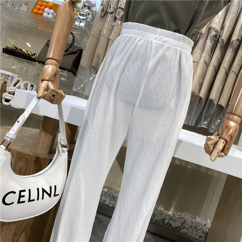 Simple High Waist Draping Pleated Slit Mop Pants for Ladies 2021 Summer Casual Versatile Slimming Straight-Leg Trousers Women