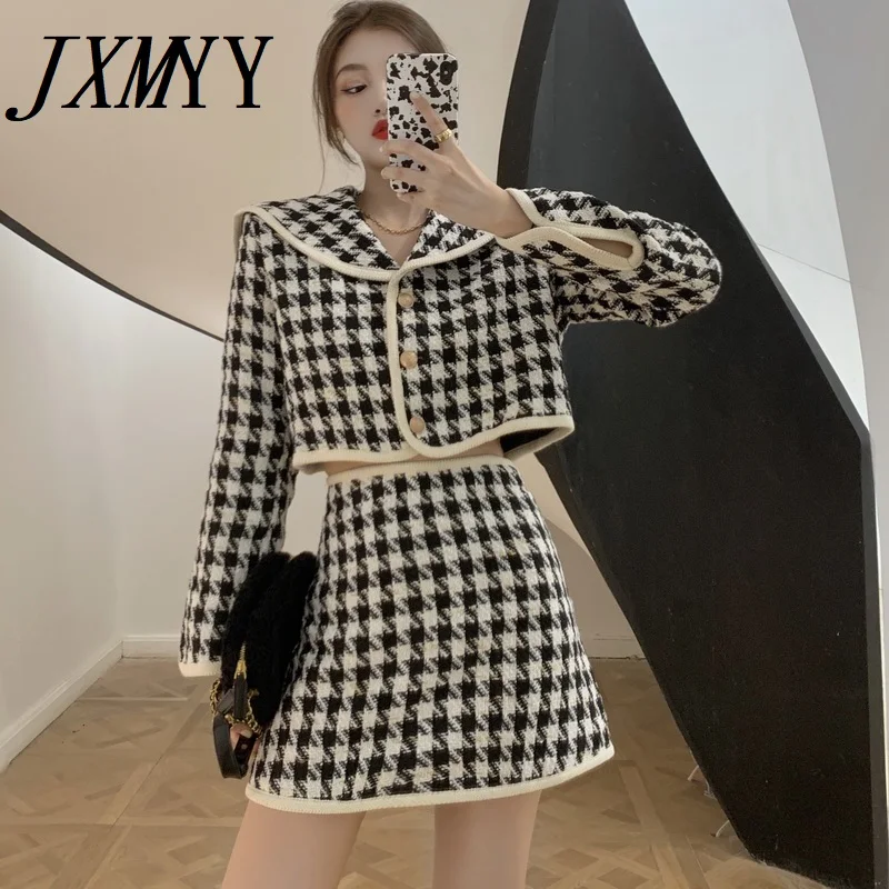 

Новый женский клетчатый твидовый комплект JXMYY в Корейском стиле, винтажный короткий жакет с матросским воротником и длинным рукавом + мини-ю...
