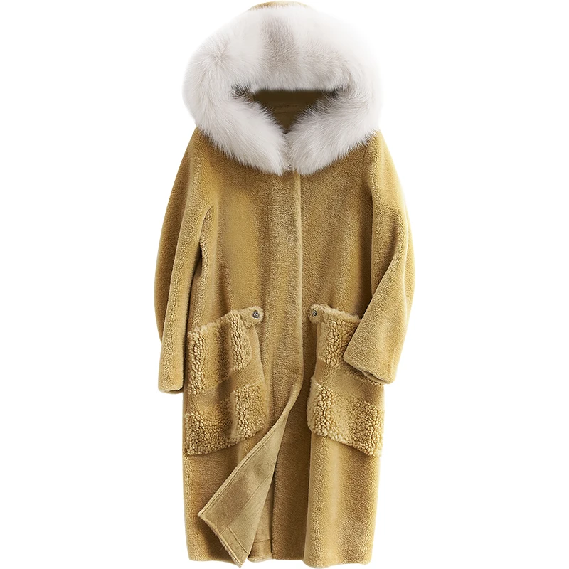 

Женская куртка с воротником из натурального меха лисы, 100% шерсть, осенне-зимнее пальто, женская одежда, 2020 корейские топы из овечьей шерсти ...