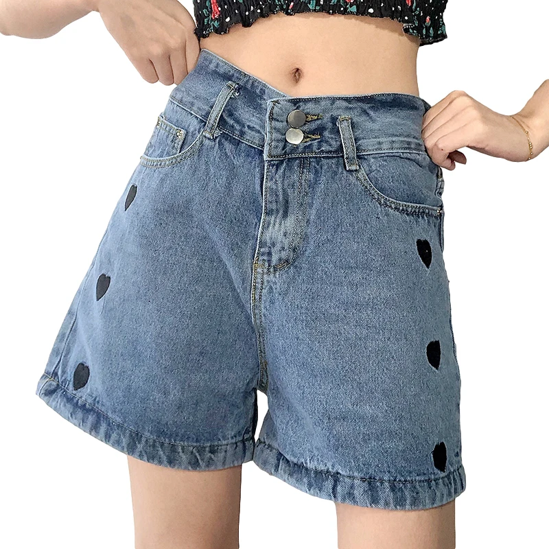Women Summer Embroidered Jeans, Adults High Waisted Heart Pattern Wide-leg Shorts with Pocket, Belt Loop
Women Summer Embroidered Jeans, Adults High Waisted Heart Pattern Wide-leg Shorts with Pocket, Belt Loop