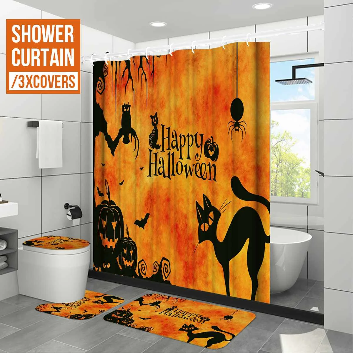 Halloween Style Bathroom Toilet Cover+Non-slip Pedestal Rug+Bath Mat / Waterproof Shower Curtain
Halloween Style Bathroom Toilet Cover+Non-slip Pedestal Rug+Bath Mat / Waterproof Shower Curtain