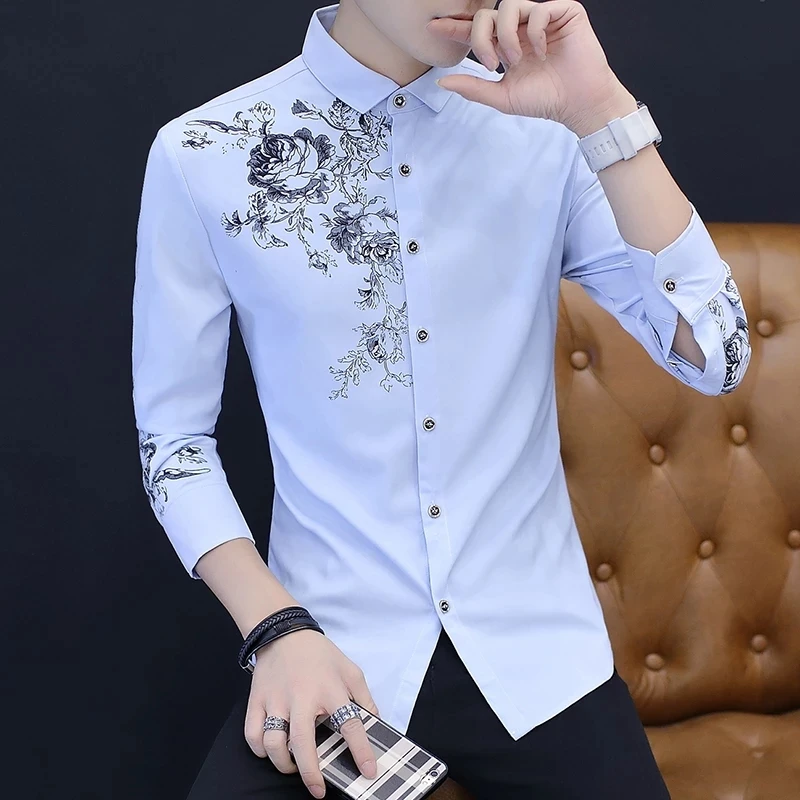 2021 spring and autumn new men's long-sleeved shirt fashion casual rose flower pattern printed shirt G men's business social ban
2021 spring and autumn new men's long-sleeved shirt fashion casual rose flower pattern printed shirt G men's business social ban