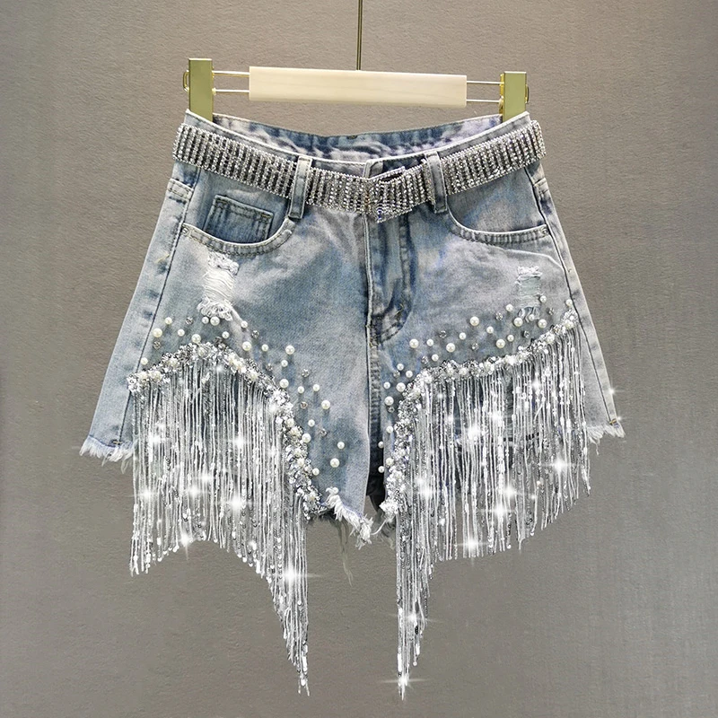 Female Denim Shorts 2021 Summer Wear New High Waist Slimming Heavy Beaded Sequin Fringed Ripped Wide Leg Pants Jeans Hot Pants
Female Denim Shorts 2021 Summer Wear New High Waist Slimming Heavy Beaded Sequin Fringed Ripped Wide Leg Pants Jeans Hot Pants