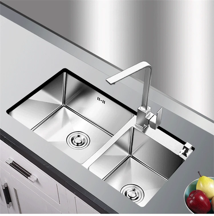

4MM Thick 304 Stainless Steel Manual Kitchen Sink Household Improvement Hotel Double Trough Dishwashing Under-counter Basin Set