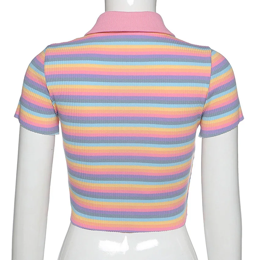 Lusofie Summer Pink Turn-down Collar Zippers Color Stripe Rainbow Embroidery Top Tee Women's Lapel Open Navel High Street Tops
Lusofie Summer Pink Turn-down Collar Zippers Color Stripe Rainbow Embroidery Top Tee Women's Lapel Open Navel High Street Tops