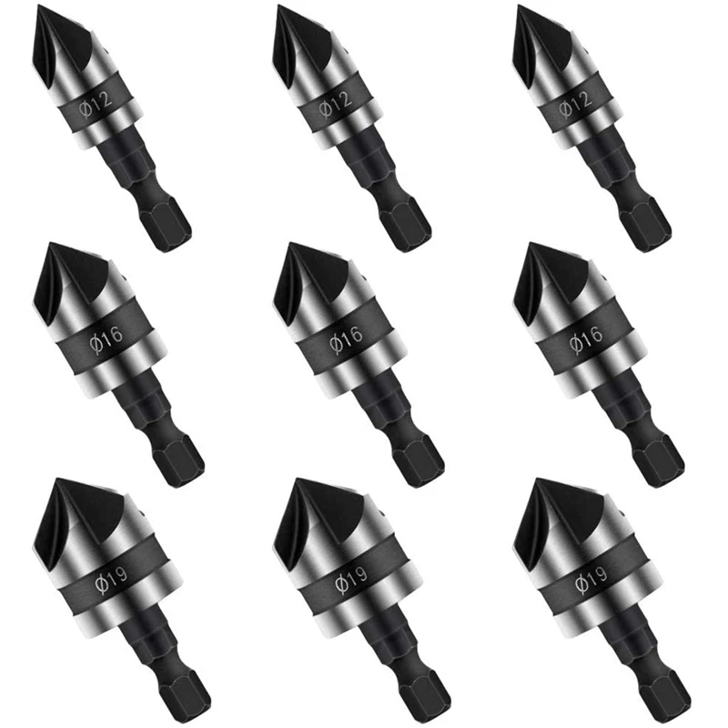 9PCS Countersink Set, Hex Shank Wood Drilling Bits 90 Degree Working 5 Flute Power Tool for Wood Quick Change,12/16/19mm
9PCS Countersink Set, Hex Shank Wood Drilling Bits 90 Degree Working 5 Flute Power Tool for Wood Quick Change,12/16/19mm