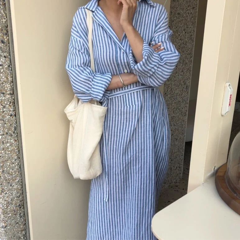Cotton and Linen Striped Blouse Dress Female 2020 Autumn Clothing Korean Style Loose and Lazy Style Long Sleeve Bf Lapel Rac
Cotton and Linen Striped Blouse Dress Female 2020 Autumn Clothing Korean Style Loose and Lazy Style Long Sleeve Bf Lapel Rac