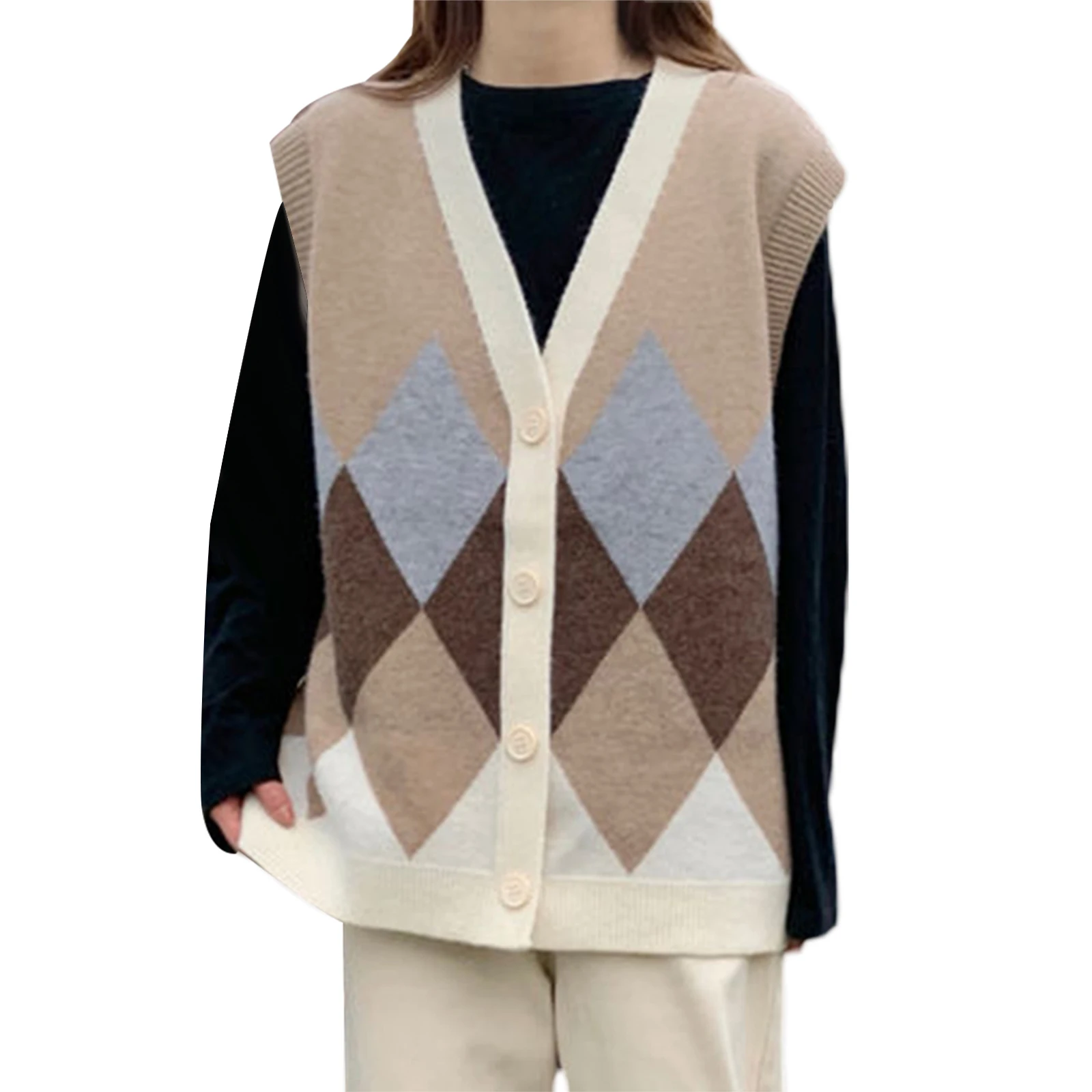 Hirigin 2021 Autumn Women Casual Sleeveless Knitted Cardigan Fashion Rhombus Pattern V-neck Single-breasted Vest Streetwear
Hirigin 2021 Autumn Women Casual Sleeveless Knitted Cardigan Fashion Rhombus Pattern V-neck Single-breasted Vest Streetwear