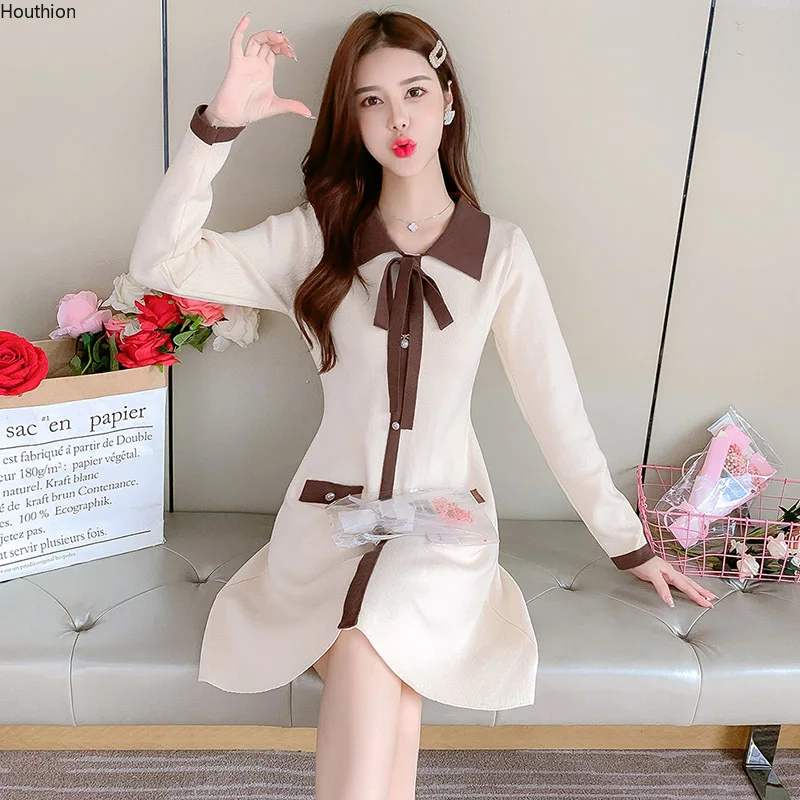 Knitting Loose Women Dresses New Fashion Solid Color Bow Tie Autumn Casual Long Sleeve Dress A-LINE Knee-Length Houthion
Knitting Loose Women Dresses New Fashion Solid Color Bow Tie Autumn Casual Long Sleeve Dress A-LINE Knee-Length Houthion