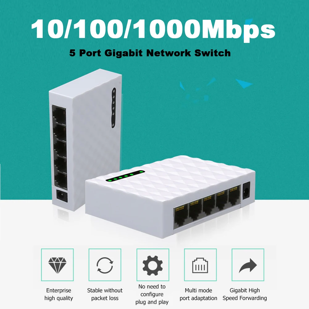 Коммутатор Настольный сетевой с 5 портами 1000 Мбит/с RJ45|Сетевые коммутаторы| |