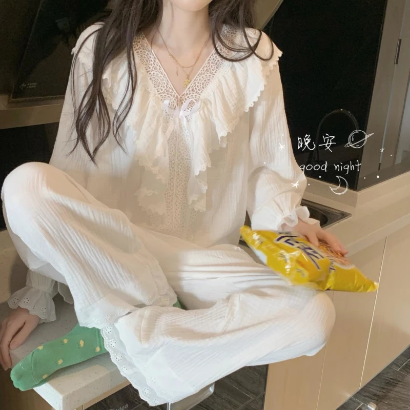 Autumn Winter Women Pajama Set Cotton Vintage Princess Sexy White Sleepwear Ruffles Home-Wear Loose Pijamas Suit Gauze Soft
Autumn Winter Women Pajama Set Cotton Vintage Princess Sexy White Sleepwear Ruffles Home-Wear Loose Pijamas Suit Gauze Soft