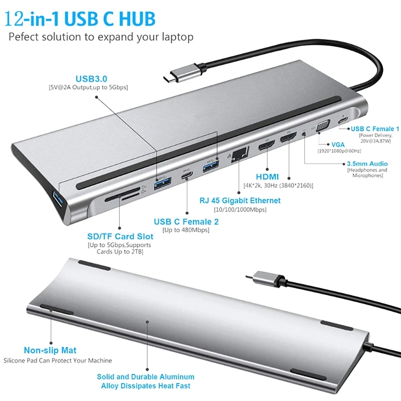 12-In-1 USB Type-C Hub to Dual -Hdmi Rj45 Multi USB 3.0 Power Adapter Docking Station for Laptop Support Pd Transmission
12-In-1 USB Type-C Hub to Dual -Hdmi Rj45 Multi USB 3.0 Power Adapter Docking Station for Laptop Support Pd Transmission