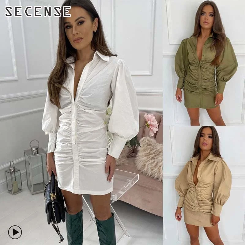 Shirt Dress Lantern Sleeve Folds Single-Breasted Above Knee Length Casual Clothes For Women Fashion Office Lady SECENSE
Shirt Dress Lantern Sleeve Folds Single-Breasted Above Knee Length Casual Clothes For Women Fashion Office Lady SECENSE