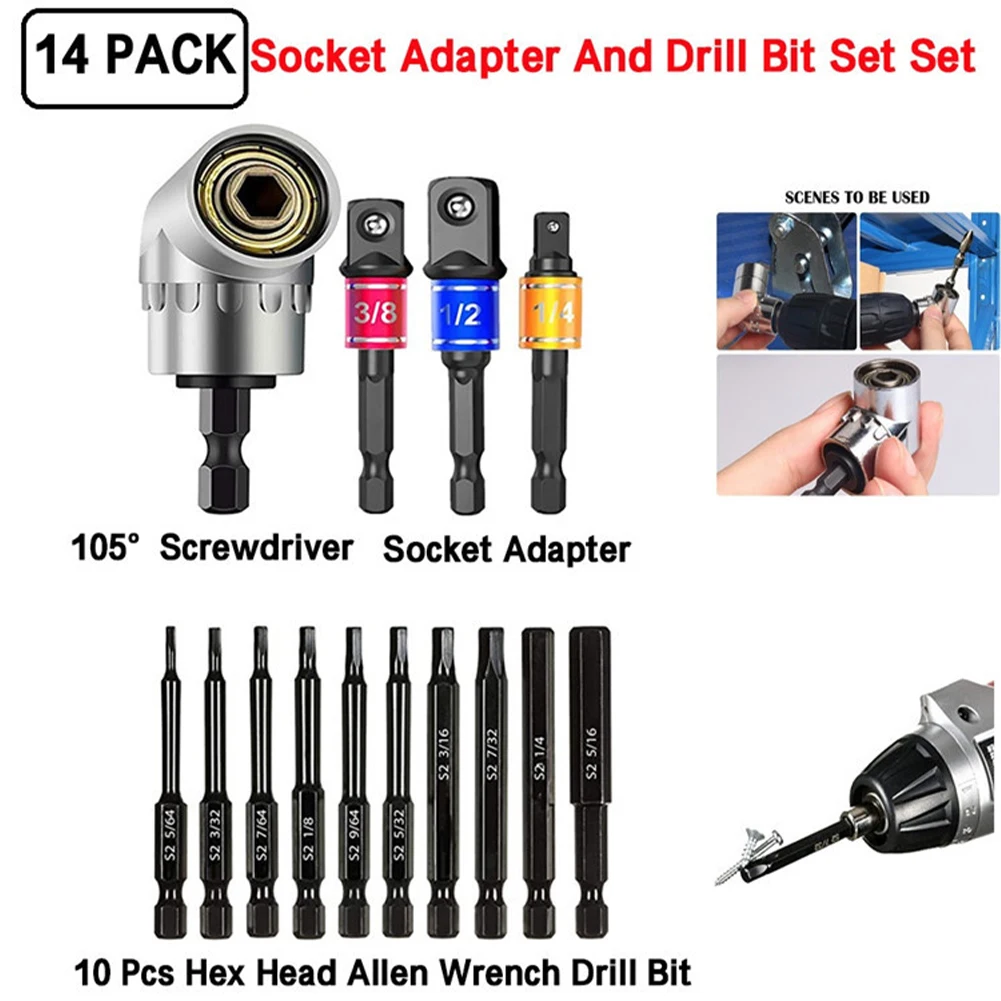 14pcs Socket Adapter Extension Set 105 Degree Screwdriver S2 Steel Professional Home DIY Hex Head Drill Bits Right Angle Driver
14pcs Socket Adapter Extension Set 105 Degree Screwdriver S2 Steel Professional Home DIY Hex Head Drill Bits Right Angle Driver