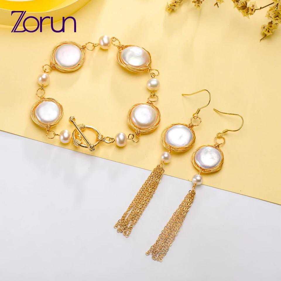 Золотая цепочка Zorun из натурального пресноводного жемчуга, браслет/серьги, модный набор, 13 мм, в форме пуговицы, новый дизайн, хорошая распро...