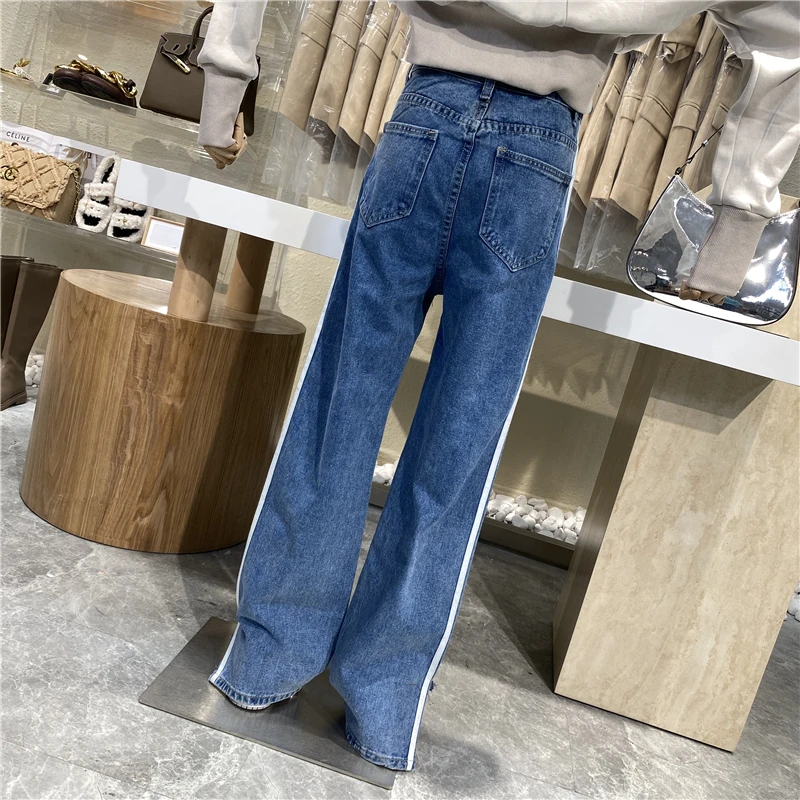 

Niche Design 2021 New Side Bars High Waist Straight Leg Pants Vintage Harbor Style Casual Slit To Show Leg Long Pants