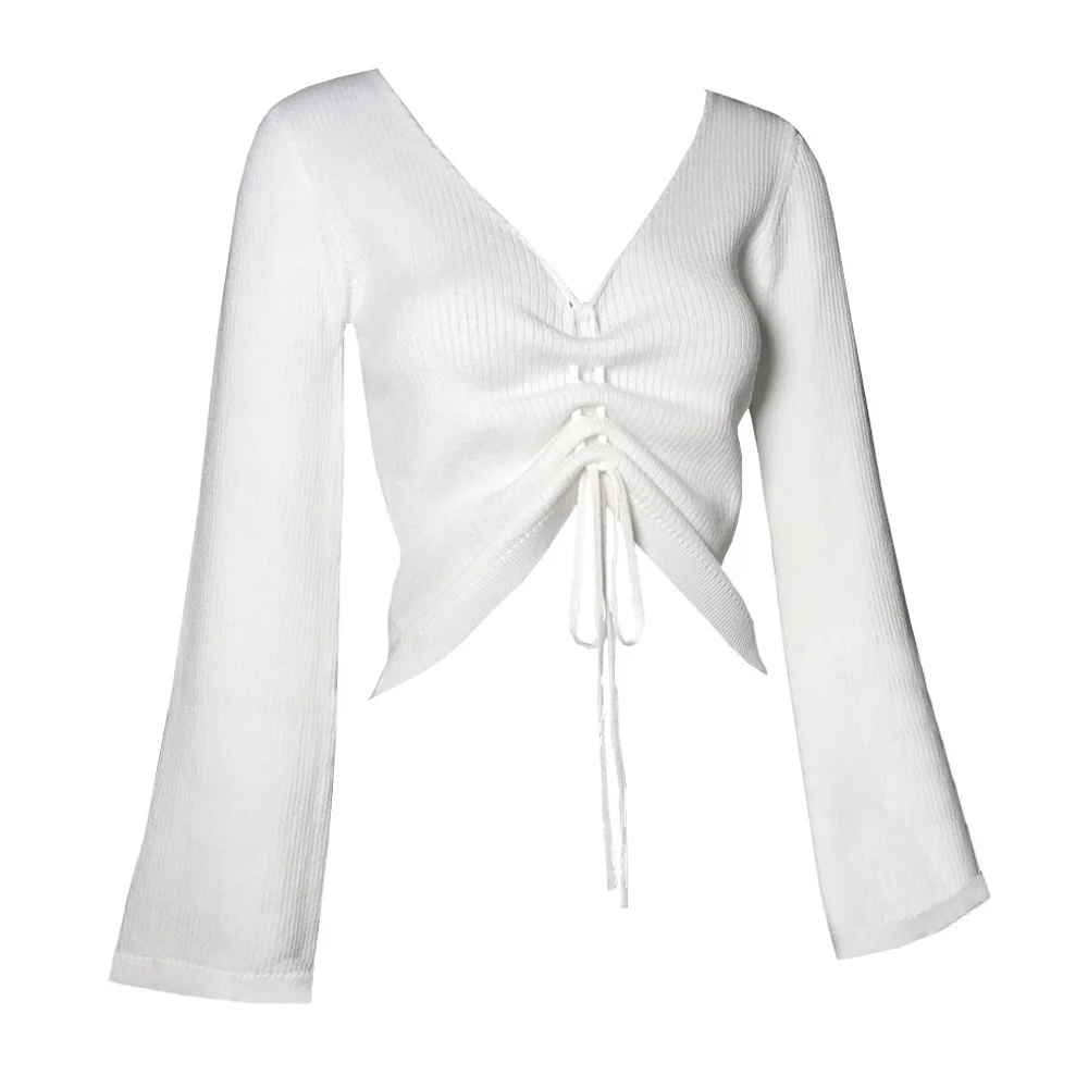2020 Spring Lace Up V-neck Crop Tops Sweater Ribbed Solid Navel Bare Short Knitwear Jumper Tops
2020 Spring Lace Up V-neck Crop Tops Sweater Ribbed Solid Navel Bare Short Knitwear Jumper Tops