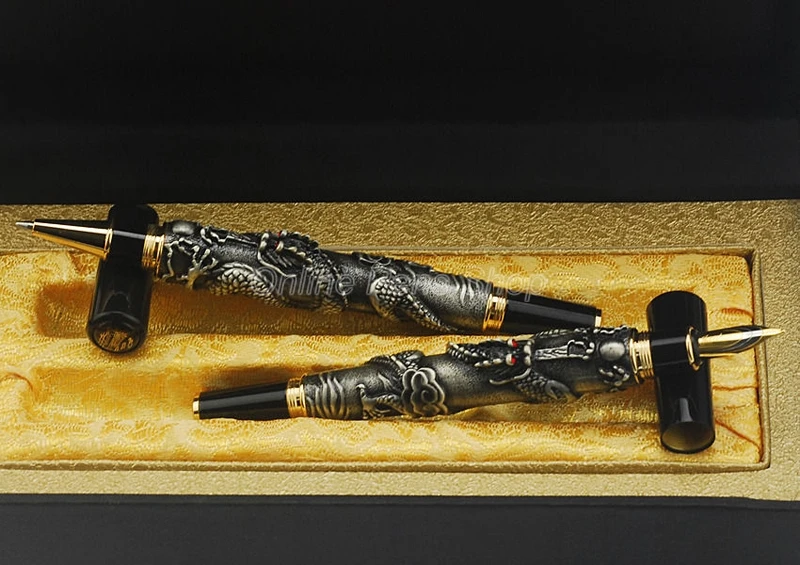 

Jinhao Business Gray Fountain Pen, Rollerball Pen Oriental Dragon Series Heavy Pen Iridium Fine Nib Gray With Gift Box Set
