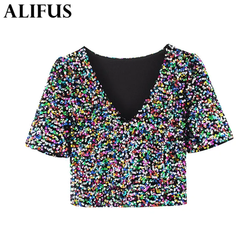Модная женская рубашка, стильные осенние Рубашки с блестками, свободные женские блузы с коротким рукавом и треугольным вырезом, 2020 
Модная женская рубашка, стильные осенние Рубашки с блестками, свободные женские блузы с коротким рукавом и треугольным вырезом, 2020