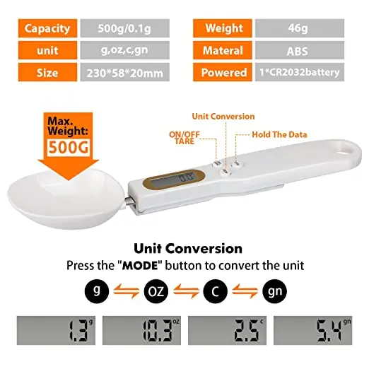 500g/0.1g LCD Display Digital Kitchen Measuring Spoon Electronic Digital Spoon Scale Mini Kitchen Scales Baking Supplies
500g/0.1g LCD Display Digital Kitchen Measuring Spoon Electronic Digital Spoon Scale Mini Kitchen Scales Baking Supplies