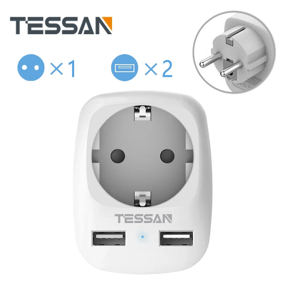 Дорожный адаптер TESSAN мини розетка с 2 USB портами для зарядки европейская вилка Сетевая розетка|Вилки