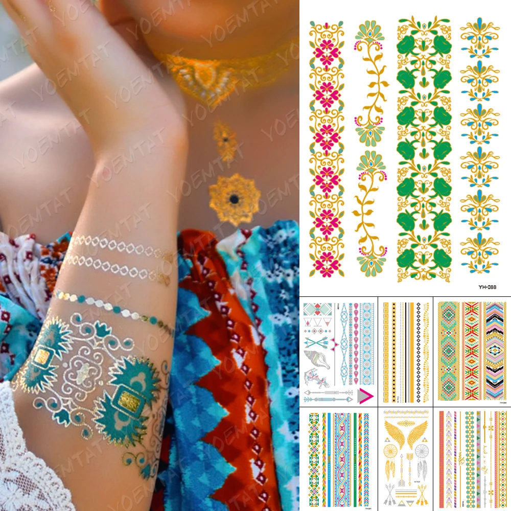 Waterproof Temporary Tattoo Sticker Colorful Vine Flowers Gold Metallic Flash Tatoo Boho Bracelet Jewelry Glitter Body Art
Waterproof Temporary Tattoo Sticker Colorful Vine Flowers Gold Metallic Flash Tatoo Boho Bracelet Jewelry Glitter Body Art