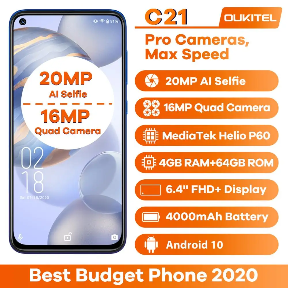 Смартфон OUKITEL C21 4 камеры 20 МП FHD + 6 дюйма 4000 мА · ч Восьмиядерный процессор 4G 64 ГБ |