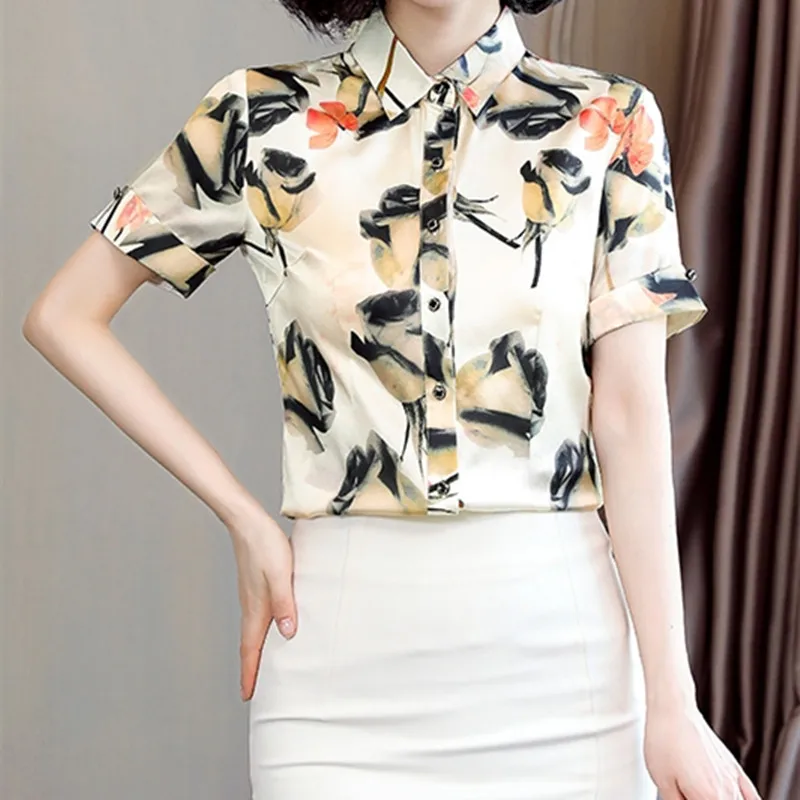 Summer Women Shirt Silk Printed Floral Blouses for Women Short Sleeve Tops Women Button Up Clothing Polo Neck Female Basic Shirt
Summer Women Shirt Silk Printed Floral Blouses for Women Short Sleeve Tops Women Button Up Clothing Polo Neck Female Basic Shirt