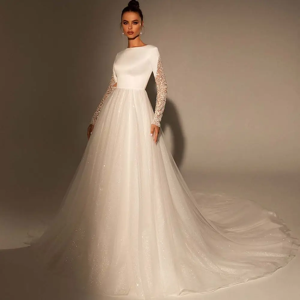 Bling Modest Wedding Dresses for Women Satin Lace Glitter A Line Long Sleeve Bohemian Bridal Gowns Sweep Train Vestidos De Novia 
Bling Modest Wedding Dresses for Women Satin Lace Glitter A Line Long Sleeve Bohemian Bridal Gowns Sweep Train Vestidos De Novia