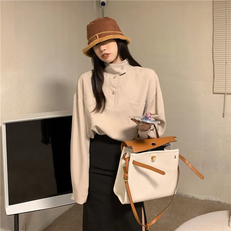 Осенняя Повседневная рубашка с длинным рукавом, Модные свободные пуловеры в Корейском стиле с воротником-стойкой, однотонные топы, Женские ...
Осенняя Повседневная рубашка с длинным рукавом, Модные свободные пуловеры в Корейском стиле с воротником-стойкой, однотонные топы, Женские ...