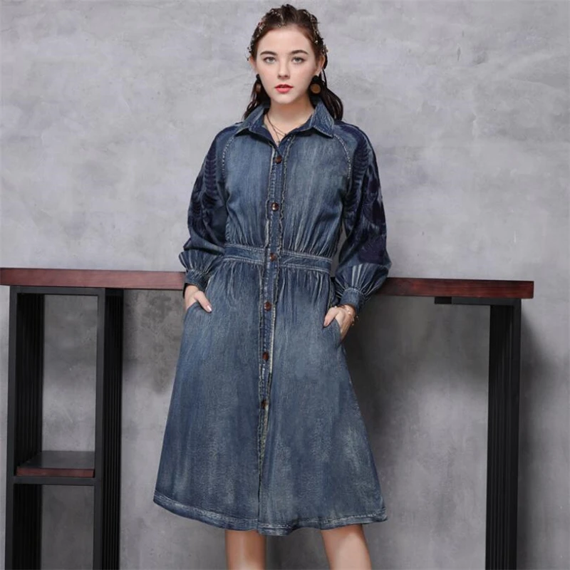Autumn winter Women Fashion Casual Jeans Dress Lantern sleeve High Quality Denim Turn Down Collar Vintage Loose Shirt Dresses
Autumn winter Women Fashion Casual Jeans Dress Lantern sleeve High Quality Denim Turn Down Collar Vintage Loose Shirt Dresses