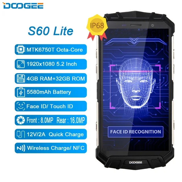 DOOGEE S60 Lite IP68 Беспроводной зарядки смартфона 5580 мА/ч 12V2A Quick Charge 16.0MP 5 2 "FHD Octa Core 4 Гб