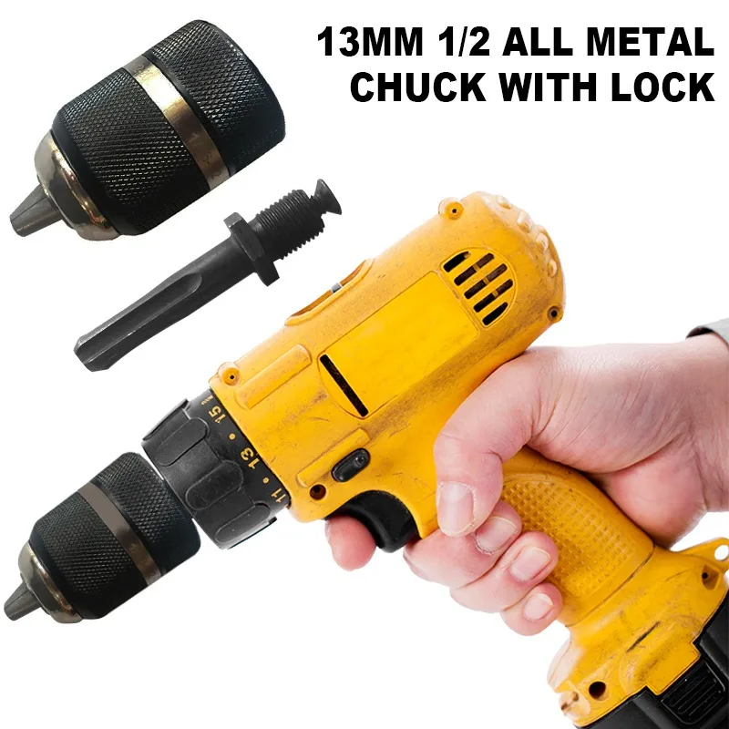 13mm, 1/2+ Round Shank Post 13mm 1/2 All-metal Lock Chuck With Round Shank Post, Large Hole Threaded Hand-tight Drill Chuck
13mm, 1/2+ Round Shank Post 13mm 1/2 All-metal Lock Chuck With Round Shank Post, Large Hole Threaded Hand-tight Drill Chuck