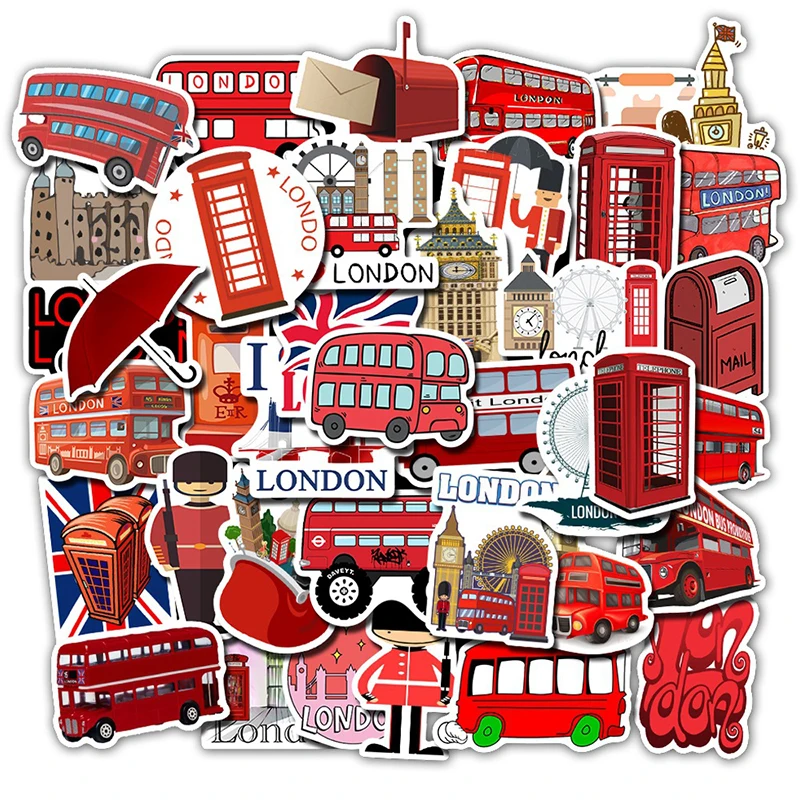 50Pcs England Landmark British London Bus Stickers Telephone Decorative Laptop Scrapbook Luggage Refrigerator Graffiti Sticker | Игрушки и
