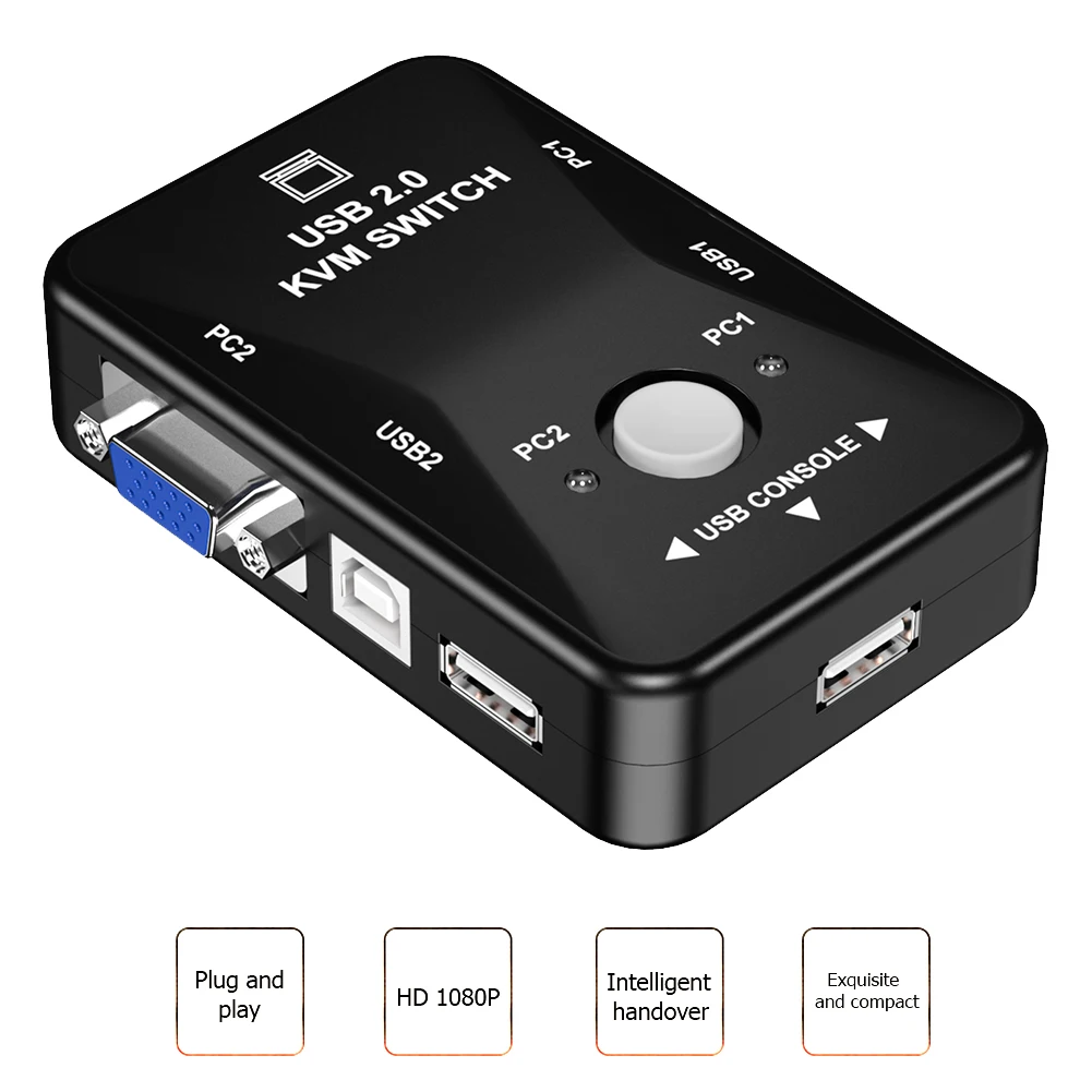 

USB HDMI-совместимый ручной KVM-коммутатор, 4 порта в 1, 4K 1080P, VGA-разветвитель для совместного использования клавиатуры, мыши, монитора, 2 порта