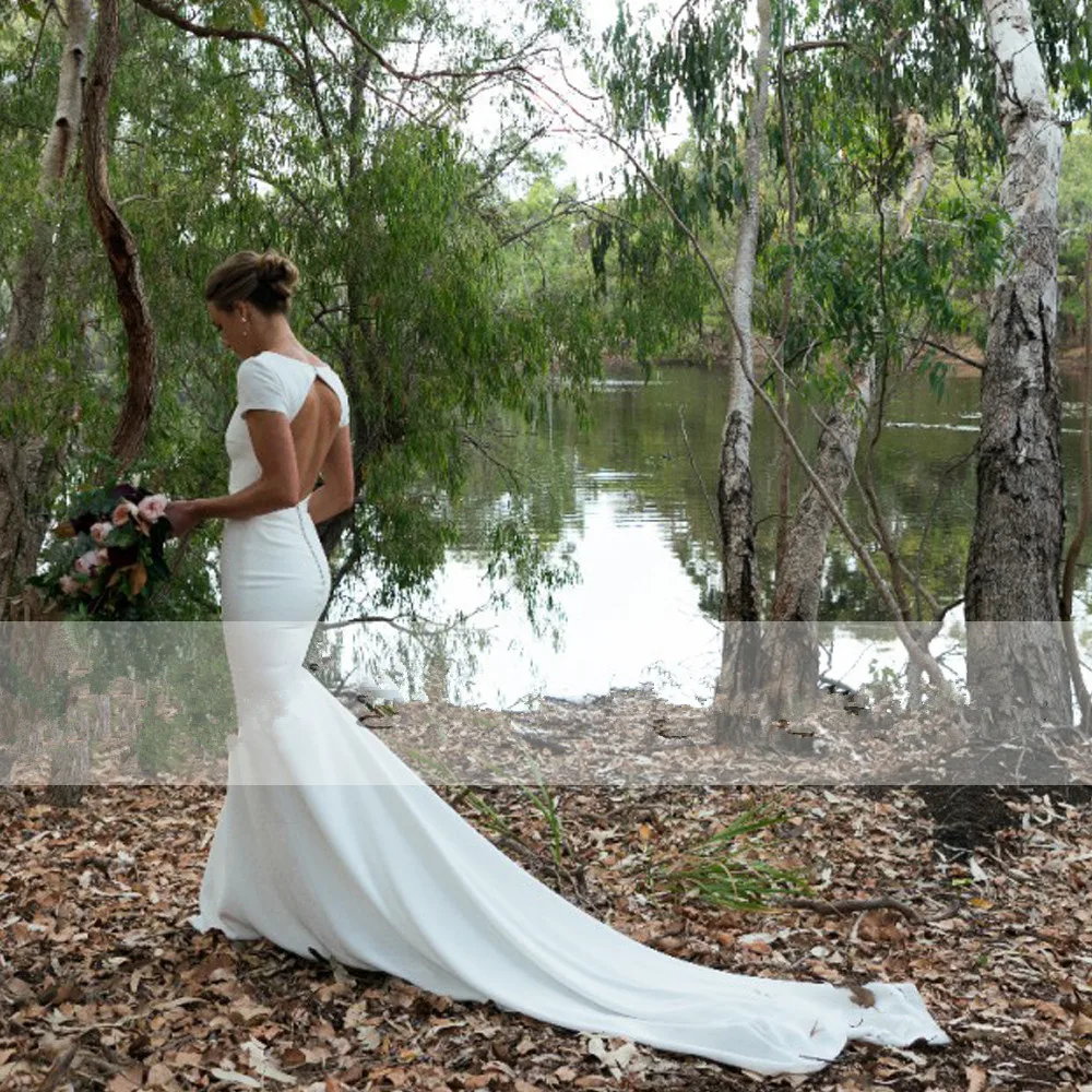 Простое Элегантное свадебное платье из крепа с коротким рукавом и открытой