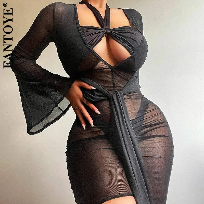 Fantoye Deep V-neck See Through Mesh Women Dress Black Long Sleeve Fashion Lace Up Dress Women Autumn Slim Outdoor Beach Clothes
Fantoye Deep V-neck See Through Mesh Women Dress Black Long Sleeve Fashion Lace Up Dress Women Autumn Slim Outdoor Beach Clothes