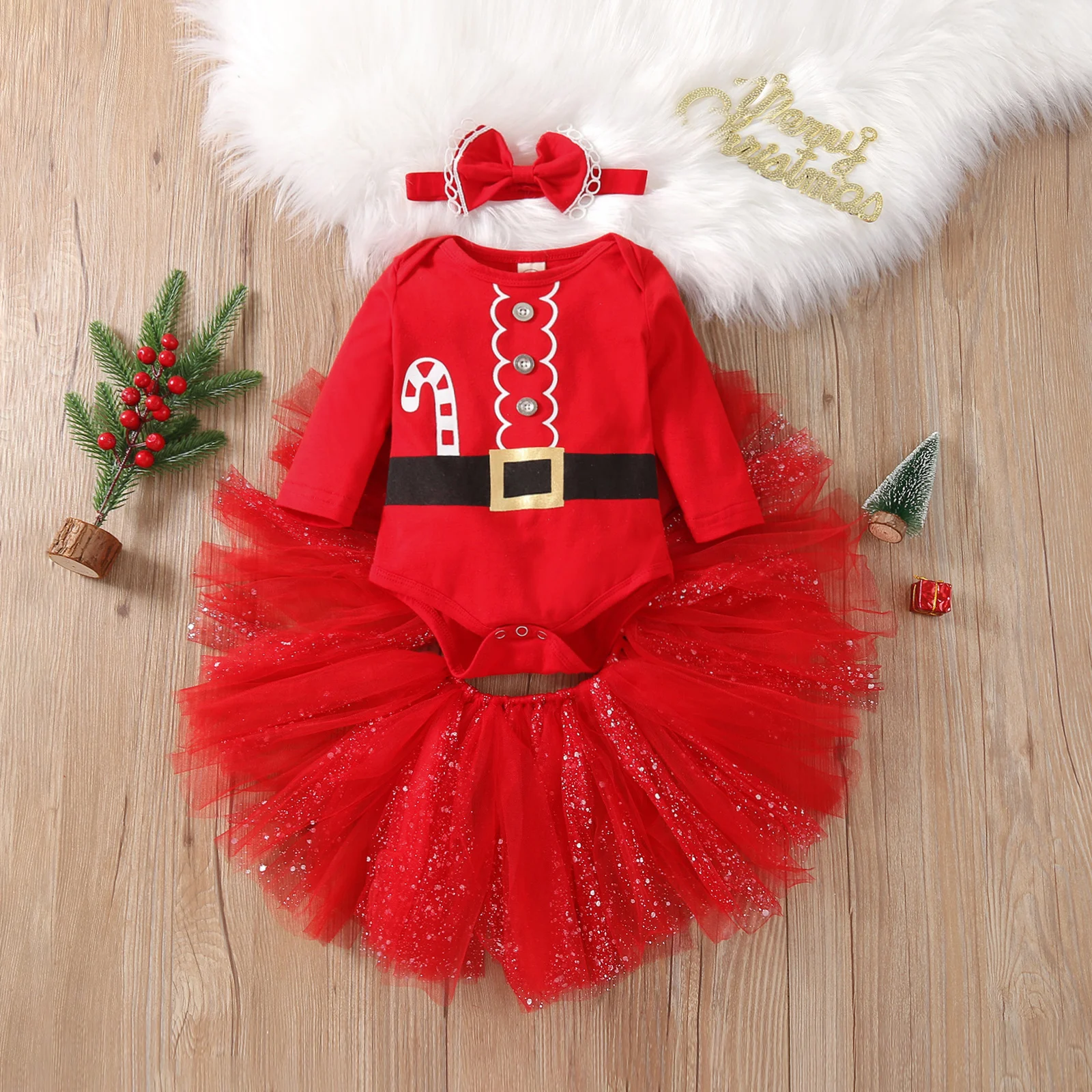 

1st Christmas Newborn Baby Girls Long Sleeves Bodysuit Babysuit Romper Headband Glitter Mesh Skirt Clothes Set 6 12 16 18 Month