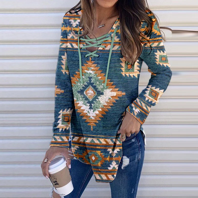 2021 New Autumn Women Long Sleeve T-Shirt Ethnic Style Print Casual Loose Ladies Pullover Tops V-Neck Bandage Lace-Up Blouse
2021 New Autumn Women Long Sleeve T-Shirt Ethnic Style Print Casual Loose Ladies Pullover Tops V-Neck Bandage Lace-Up Blouse