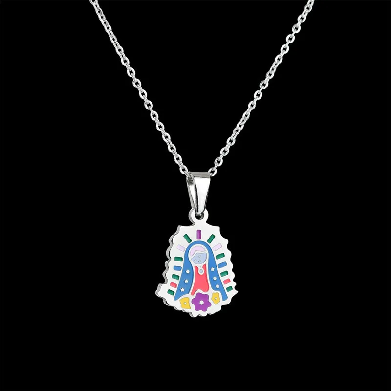 UELF Cute Enamel Maria Pendant Necklace Cartoon Style Catholic Religious Christian Colorful Jewelry For Women Gift | Украшения и