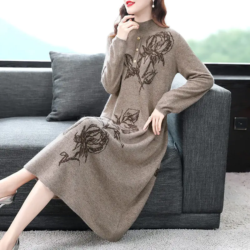Women Autumn Winter Vintage Floral Dress Elegant Half Turtleneck Long Sleeve Knitted Dresses Lady Casual Loose A-Line Dress K211
Women Autumn Winter Vintage Floral Dress Elegant Half Turtleneck Long Sleeve Knitted Dresses Lady Casual Loose A-Line Dress K211