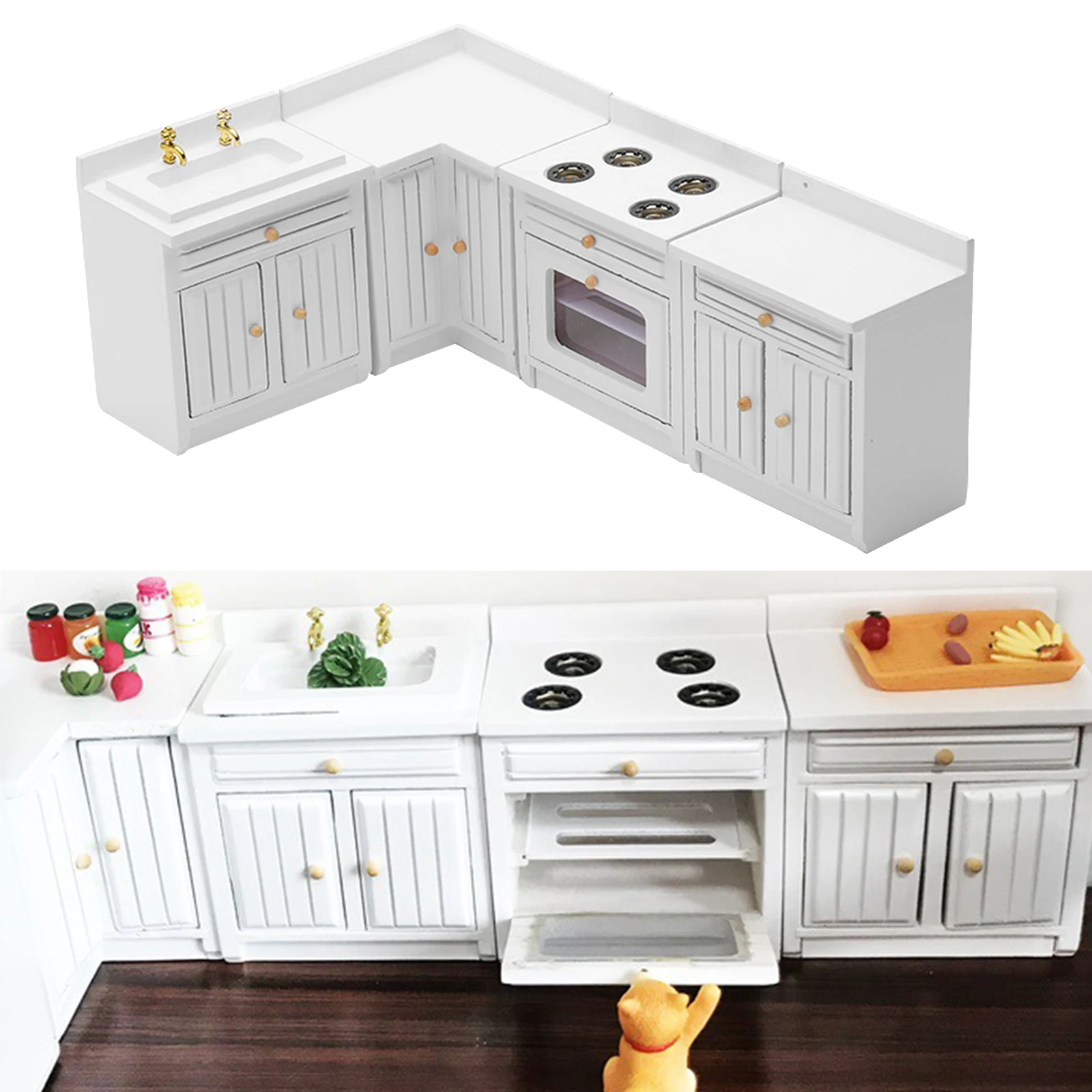 1/12 Scale Dollhouse Miniature Kitchen Set Cooking Cabinet, Mini Corner Cabinet, Sink, Cooking Hob, European Kitchen Playset 
1/12 Scale Dollhouse Miniature Kitchen Set Cooking Cabinet, Mini Corner Cabinet, Sink, Cooking Hob, European Kitchen Playset